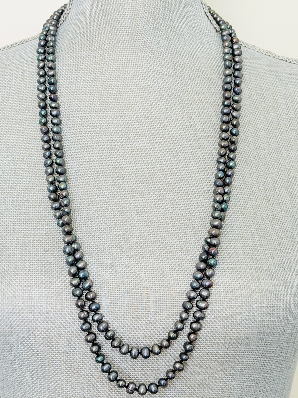 Double Strand Black Faux Pearl Necklace - Peacock toned iridescent